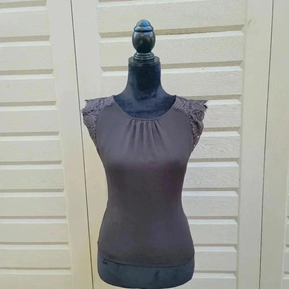Ann Taylor Loft Top Dark Brown Short Sleeve Lace Trim Lightweight Shirt 2XS - Picture 1 of 7